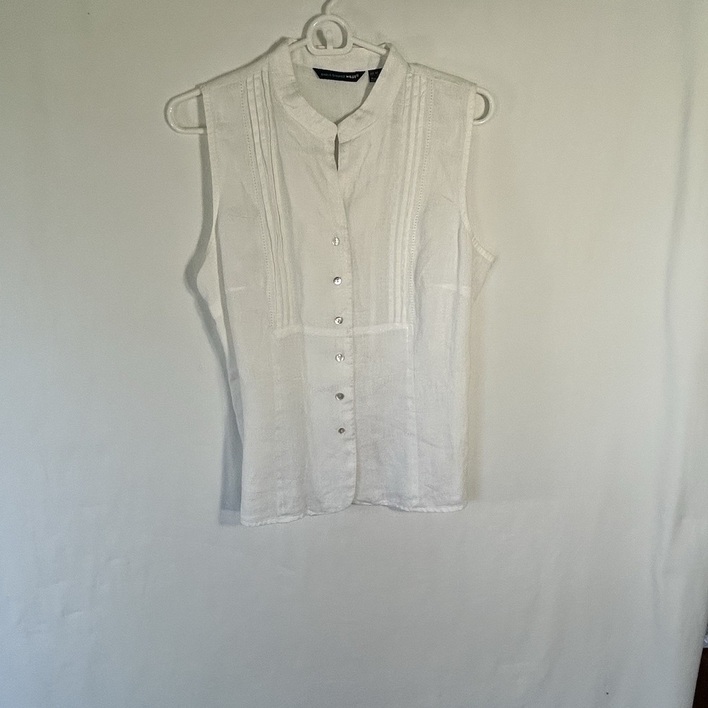 Saint Tropez West Linen Sleeveless Blouse Shirt Pintuck Pleated Mock Neck Medium